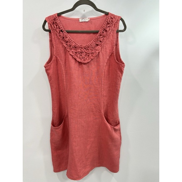 Dresses & Skirts - Blu Orchid Women's XL 100% Linen Dress Pink Textured Floral Neckline Pockets